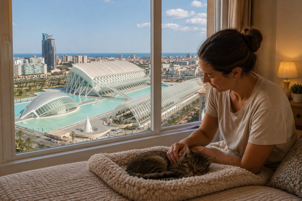 Gato descansando junto a su dueña en una vivienda de Valencia con la Ciudad de las Artes y las Ciencias al fondo, como contexto para informarse sobre eutanasia a domicilio para mascotas