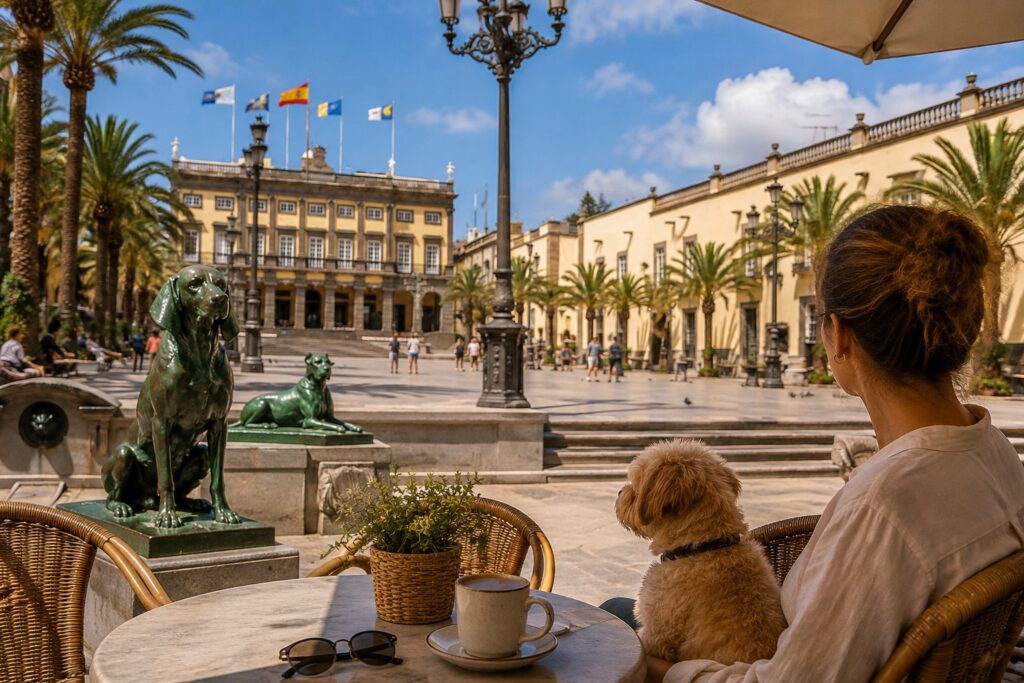 Persona con su perro en una terraza de la Plaza de Santa Ana de Las Palmas de Gran Canaria, con las esculturas de perros al fondo