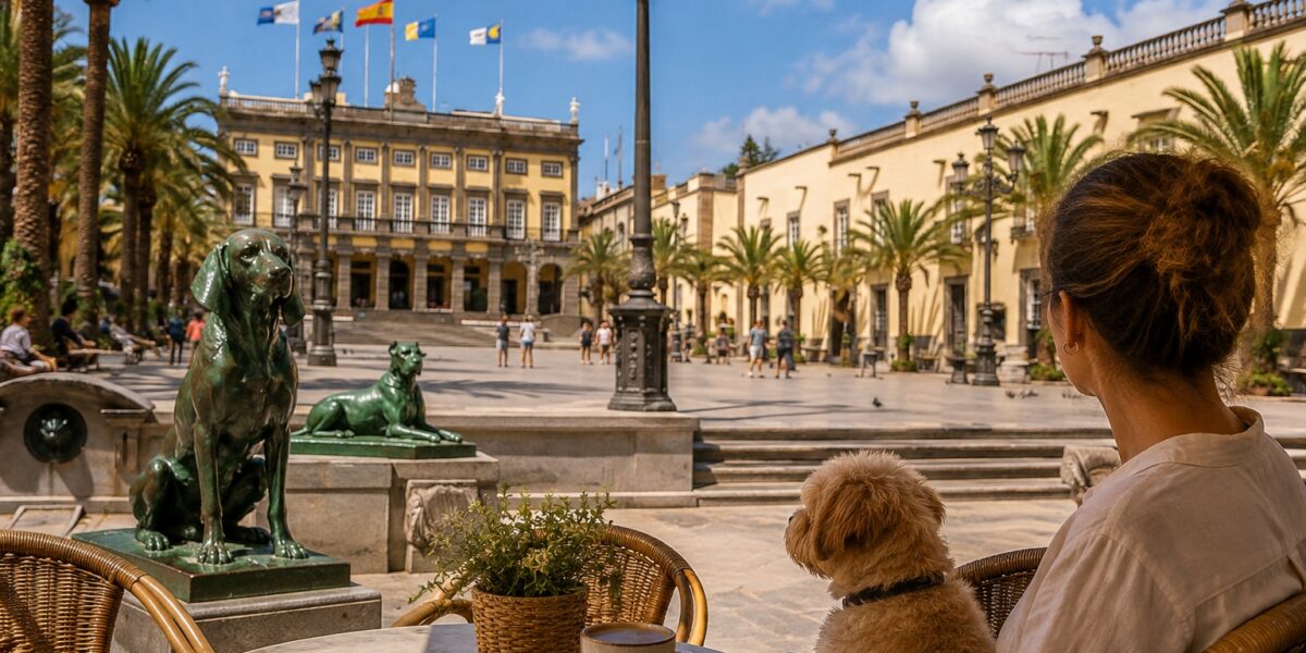 Persona con su perro en una terraza de la Plaza de Santa Ana de Las Palmas de Gran Canaria, con las esculturas de perros al fondo