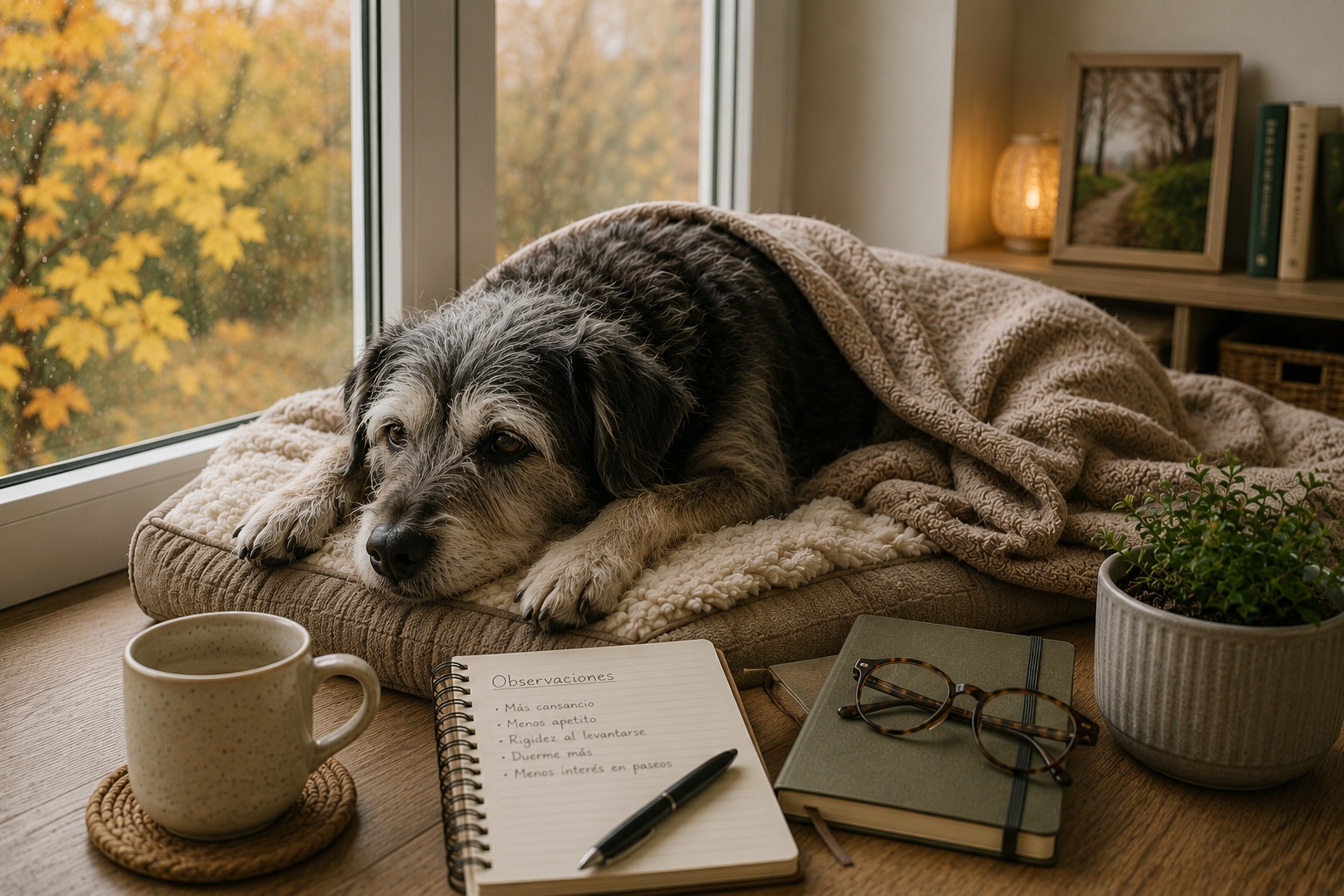 Perro mestizo mayor descansando junto a una ventana en otoño, como contexto para observar cambios de temperatura en mascotas mayores