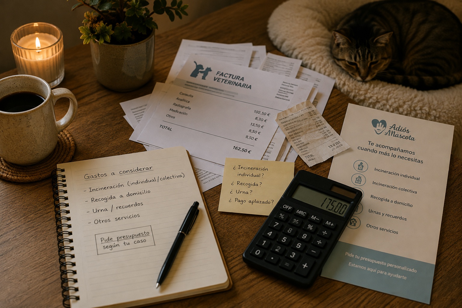 Mesa con facturas veterinarias, libreta y calculadora para calcular el precio de la incineración de una mascota según cada caso