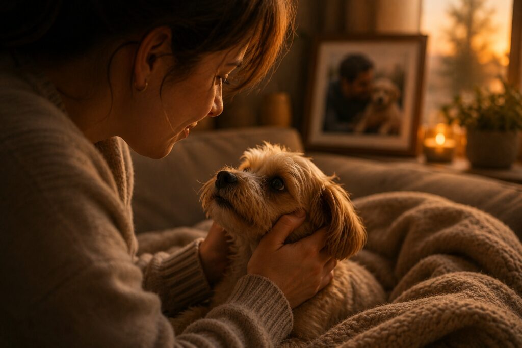 Persona mirando con cariño a un perro pequeño en casa, en una escena cálida que transmite amor y cuidado ante una etapa delicada
