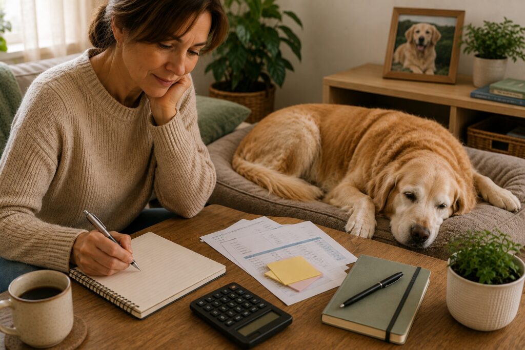 Persona organizando con calma la previsión económica y los cuidados de una mascota mayor junto a un perro grande descansando en casa