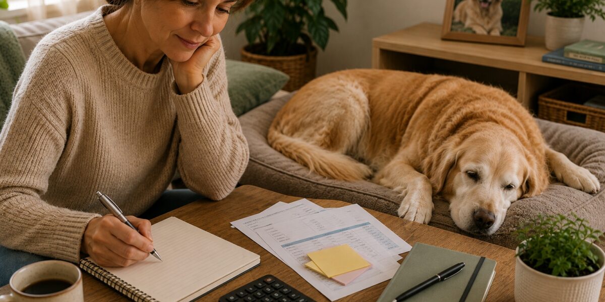 Persona organizando con calma la previsión económica y los cuidados de una mascota mayor junto a un perro grande descansando en casa